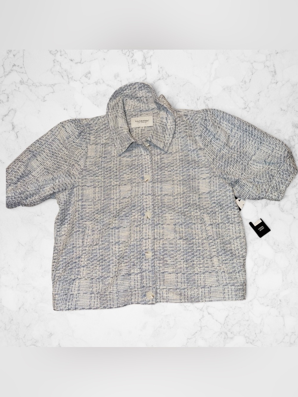 Liverpool Short-Sleeve Bomber Jacket in Blue and Cream